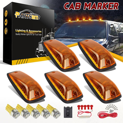 Image of Partsam 5X 264159AM 5-5050-SMD T10 194 Amber LED Cab Marker Roof Running Lights + Wiring Pack Compatible with / C1500 C2500 C3500 K1500 K2500 K3500 1988-2002 Pickup Trucks