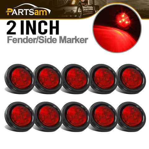 Image of Partsam 10x Red 2" Round Sealed Clearance Marker Light 4LED Grommet & Pigtails w Reflex Lens, 2 inch round led marker lights, 2 inch round led trailer lights, 2 inch round led lights