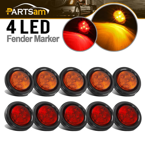 Image of Partsam 10Pack(5 Amber + 5 Red) 2" Led Round Side Marker Light Grommet Flush Mount 4LED, Sealed 2 Round led Marker Lights Truck Trailer with Reflex Lens, IP67 Waterproof
