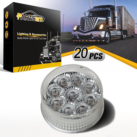 Image of Partsam 20) 2in. Round Side Marker LED Truck Lights Clearance 9 Diodes Reflector Trailer, Sealed Clear/Amber 2" Round LED Trailer Side Marker Lights, Miro-Reflex faceted reflector design