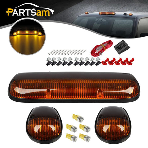 Image of Partsam 3PCS Amber Cab Roof Running Marker Lights +5xT10 5050 Amber LEDs Compatible with Silverado/ Sierra 1500 1500HD 2500 2500HD 3500 2002 2003 2004 2005 2006 2007 Pickup Trucks