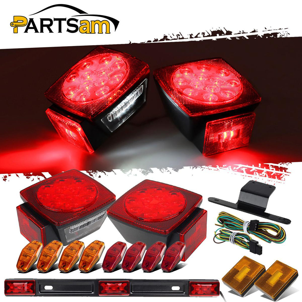 Partsam Submersible Led Truck Trailer Lights Kit 12V, 2xSquare Led Trailer Light Kits+14.17inch Red 3 Light 9 LED ID Light Bar+2xAmber Side Marker w/Reflex+ 8pcs 2.5inch Oval Led Marker Clearance Lights