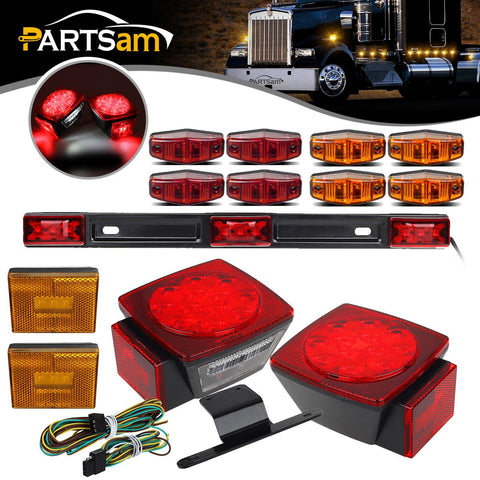 Image of Partsam Submersible Led Truck Trailer Lights Kit 12V, 2xSquare Led Trailer Light Kits+14.17inch Red 3 Light 9 LED ID Light Bar+2xAmber Side Marker w/Reflex+ 8pcs 2.5inch Oval Led Marker Clearance Lights