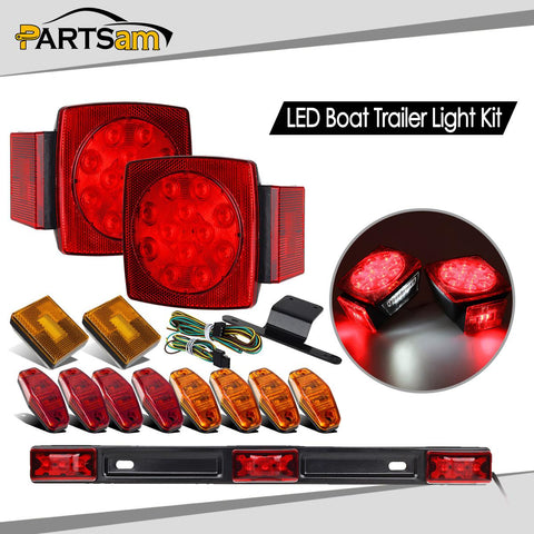 Image of Partsam Submersible Led Truck Trailer Lights Kit 12V, 2xSquare Led Trailer Light Kits+14.17inch Red 3 Light 9 LED ID Light Bar+2xAmber Side Marker w/Reflex+ 8pcs 2.5inch Oval Led Marker Clearance Lights