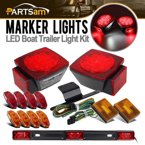 Image of Partsam Submersible Led Truck Trailer Lights Kit 12V, 2xSquare Led Trailer Light Kits+14.17inch Red 3 Light 9 LED ID Light Bar+2xAmber Side Marker w/Reflex+ 8pcs 2.5inch Oval Led Marker Clearance Lights