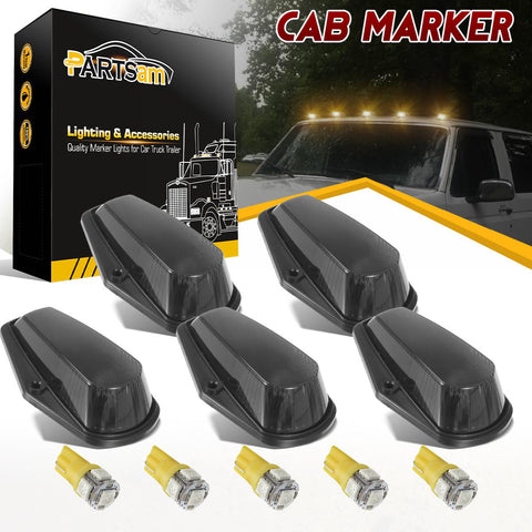 Image of Partsam 5X Cab Marker Lights Roof Running Lamps Black Lens Covers + 5050 Amber 194 168 T10 LED Bulbs Compatible with Ford F150 F250 F350 1973-1997 F Series Super Duty Pickup Trucks
