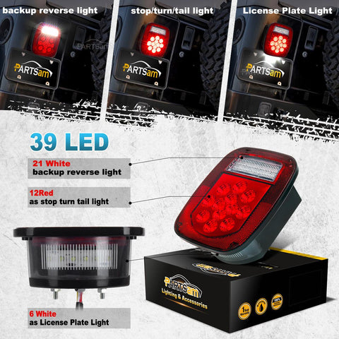 Image of Partsam 2x Red/White 39 LED Stop Turn Tail Stud Lights Replacement for Jeep CJ YJ JK Truck Trailer Boat RV, Hardwired
