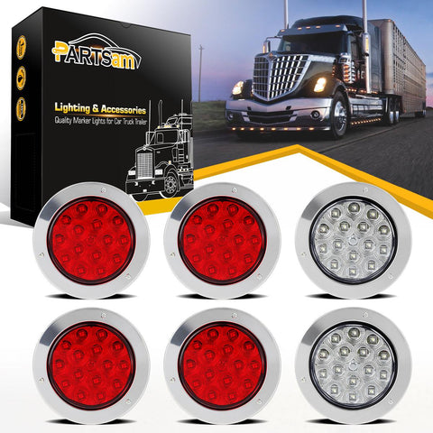 Image of Partsam 6Pcs 4" Round Led Trailer Tail Lights 15 LED Flange Mount Chrome with Reflectors Red Stop Turn Tail Brake White Backup Reverse Fog Light 12V Waterproof for Truck Trailer RV (4Red+2White)