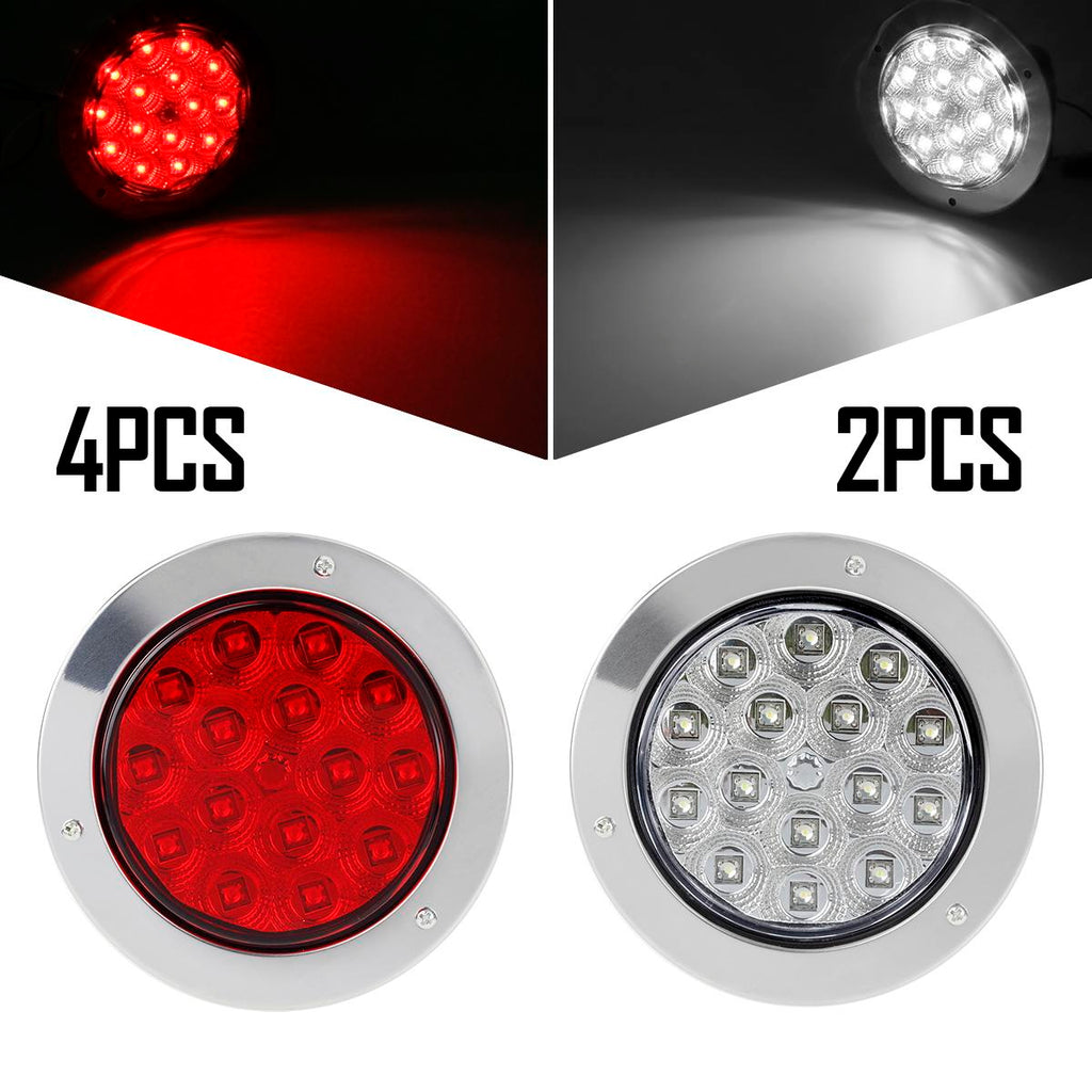 Partsam 6Pcs 4" Round Led Trailer Tail Lights 15 LED Flange Mount Chrome with Reflectors Red Stop Turn Tail Brake White Backup Reverse Fog Light 12V Waterproof for Truck Trailer RV (4Red+2White)