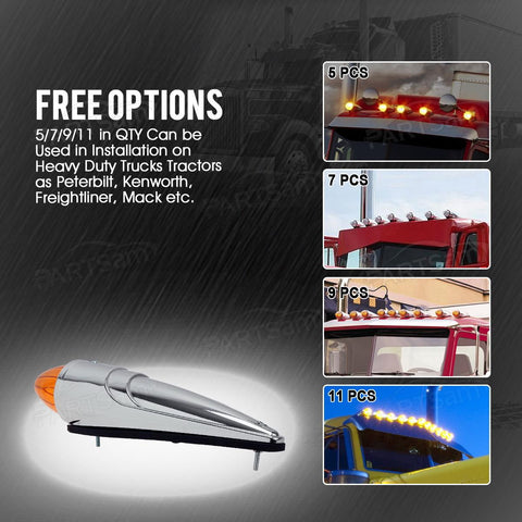 Image of Partsam 7PCS 17 LED Torpedo Cab Lights Chrome Amber LED Top Cab Marker Roof Running Lights Assembly Compatible with Kenworth/Peterbilt/Freightliner/Mack//International Paccar Heavy Duty Trucks