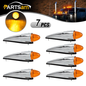Partsam 7PCS 17 LED Torpedo Cab Lights Chrome Amber LED Top Cab Marker Roof Running Lights Assembly Compatible with Kenworth/Peterbilt/Freightliner/Mack//International Paccar Heavy Duty Trucks
