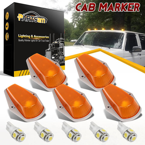 Image of Partsam 5pcs Top Cab Marker Roof Running Light Amber Cover Lens 15442 + 5X 5050 T10 194 LED Bulbs Compatible with Ford F-150 F-250 F-350 1973-1997 F Series Pickup Super Duty Trucks.