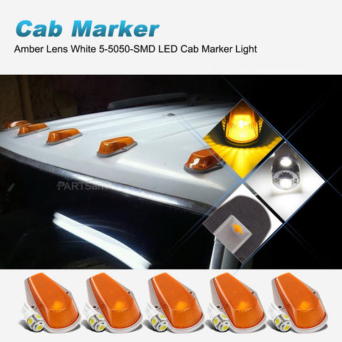 Image of Partsam 5pcs Top Cab Marker Roof Running Light Amber Cover Lens 15442 + 5X 5050 T10 194 LED Bulbs Compatible with Ford F-150 F-250 F-350 1973-1997 F Series Pickup Super Duty Trucks.