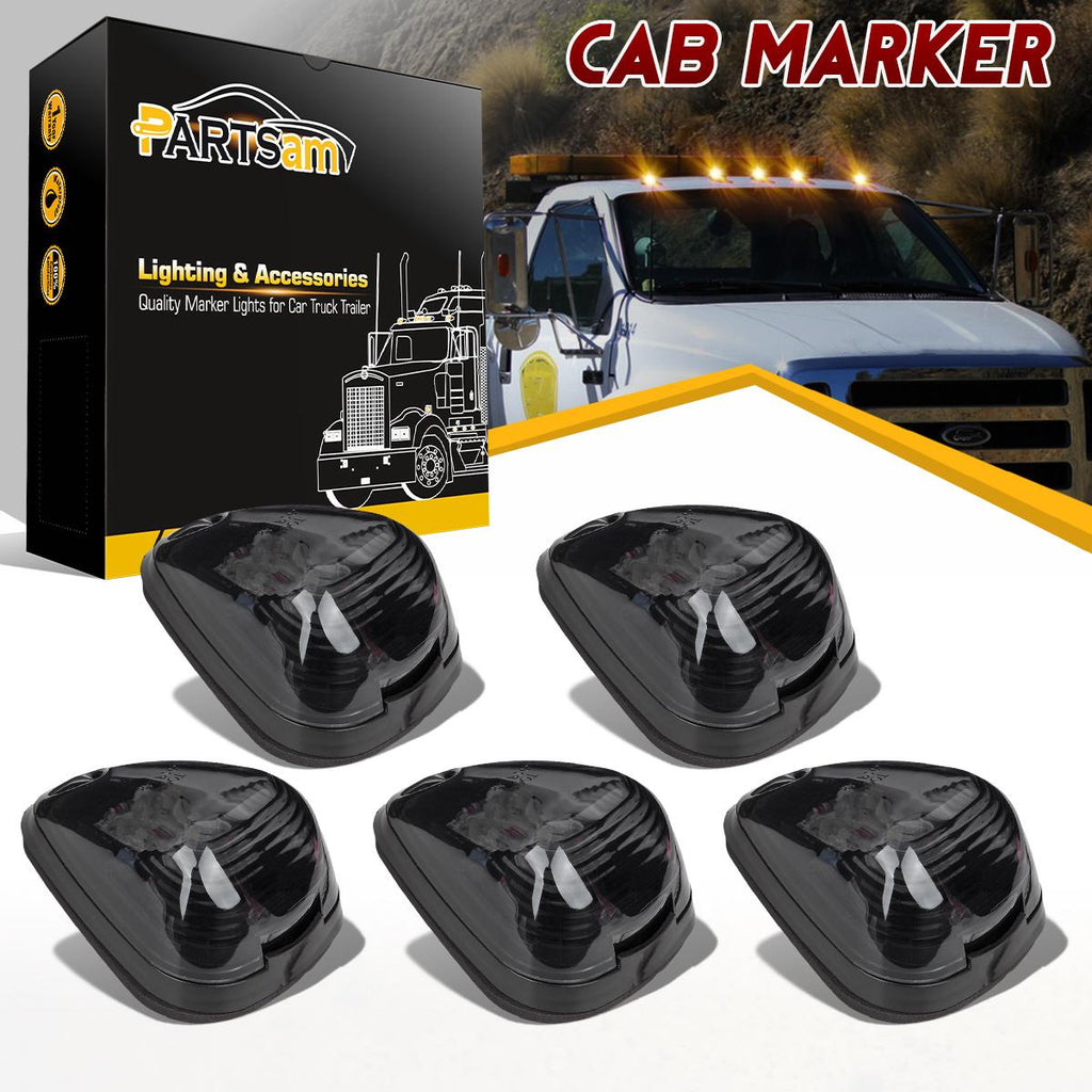 Partsam 5PCS Smoke Lens Amber LED Cab Roof Top Marker Lamps Running Lights Assembly Compatible with F250 F350 F450 F550 Super Duty 1999-2016/E350 E450 2017 2018 Super Duty Pickup Truck