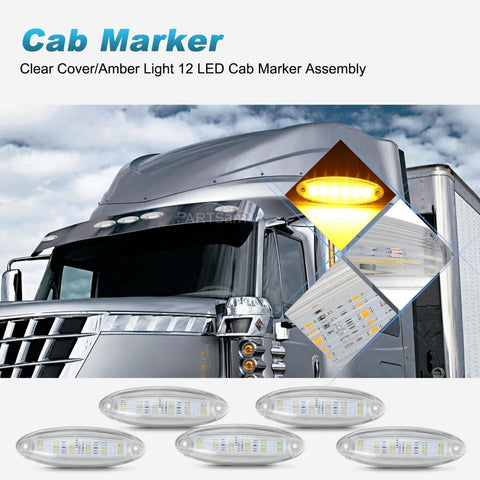 Image of Partsam 5pcs Clear Lens Cab Clearance Roof Running Top Marker Lights Amber Yellow 6LED Amber Lights Assembly Waterproof Compatible with Freightliner Cascadia Heavy Duty Trucks
