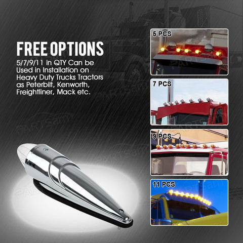 Image of Partsam 5pc Super Bright Amber Yellow 17 LED Clear Lens Torpedo Chrome Cab Marker Top Roof Running Lights Assembly Compatible with Kenworth/Peterbilt/Freightliner/International/Mack Paccar Semi Truck