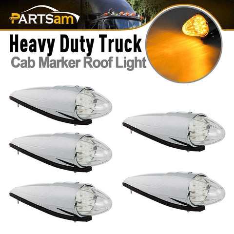 Image of Partsam 5pc Super Bright Amber Yellow 17 LED Clear Lens Torpedo Chrome Cab Marker Top Roof Running Lights Assembly Compatible with Kenworth/Peterbilt/Freightliner/International/Mack Paccar Semi Truck