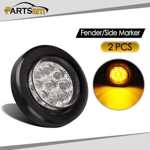 Image of Partsam 2inch Led Light Marker Clearance Flush Mount Grommet 9LED Reflector Clear/Amber, 2 inch round led trailer lights, 2 round led marker lights, 2 inch round clearance lights, Round led lights amber