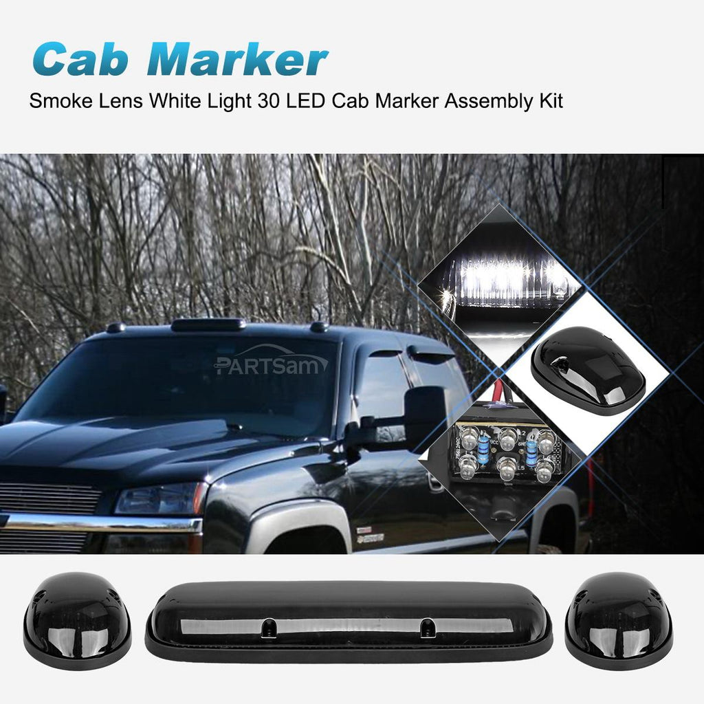 Partsam 3pcs Smoke Cover Lens White 30 LED Cab Marker Roof Running Top Lights Assembly + Wire Pack Compatible with Silverado/ Sierra 1500 1500HD 2500 2500HD 3500 2002 - 2007 Truck