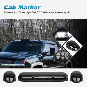 Partsam 3pcs Smoke Cover Lens White 30 LED Cab Marker Roof Running Top Lights Assembly + Wire Pack Compatible with Silverado/ Sierra 1500 1500HD 2500 2500HD 3500 2002 - 2007 Truck