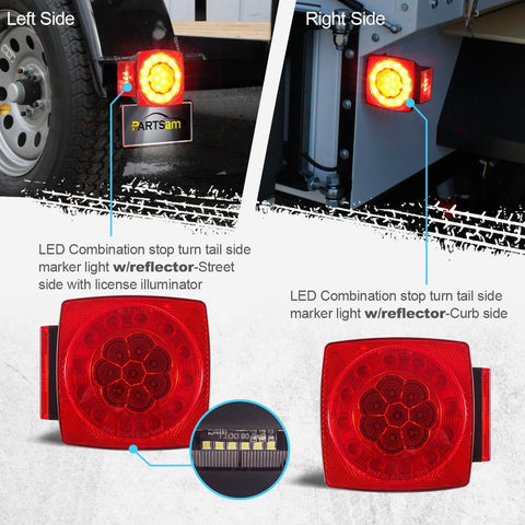 Image of Partsam 12V LED Trailer Light Kit, Halo Glow Submersible Square Tail Lights Kit Left Right Turn Stop Signal for Under 80 Inch Boat Trailer RV Camper Marine Snowmobile (Led Boat Trailer Light kit)