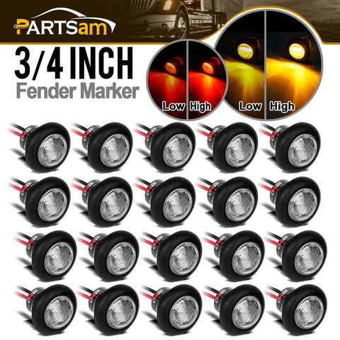 Image of Partsam 20 x 3/4inch Round Led Light Trailer Boat Marker Clearance High Low 3SMD Clear Lens, 3/4inch round LED combination turn signal running lamp fender lights 3-WIRE assembly Taillights(10Red+10Amber)