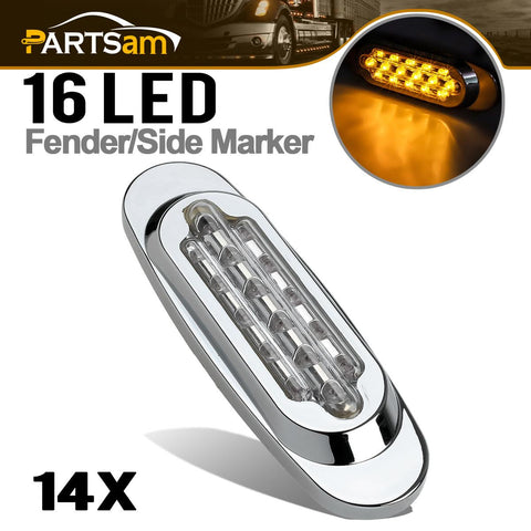 Image of Partsam 14Pcs 6-1/2 Clear/Amber 16-LED Trailer Side Marker and Turn Signal Lights Chrome Flush Mount Style Lights Sealed Replacement for Peterbilt/Kenworth/Freightliner