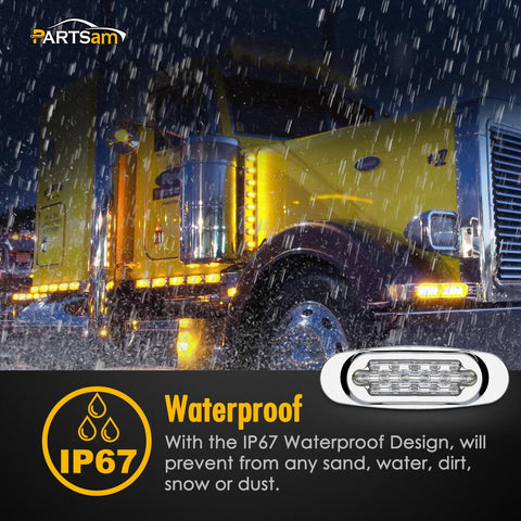 Image of Partsam 14Pcs 6-1/2 Clear/Amber 16-LED Trailer Side Marker and Turn Signal Lights Chrome Flush Mount Style Lights Sealed Replacement for Peterbilt/Kenworth/Freightliner