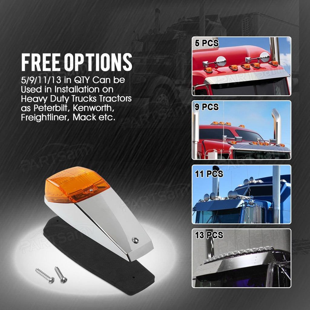 Partsam 5PCS Truck Cab Marker Light 17 LED Amber Top Roof Running Lights w/Chrome Base Truck Trailer Light Replacement for Peterbilt/Kenworth/Freightliner//Mack/Autocar Hayes