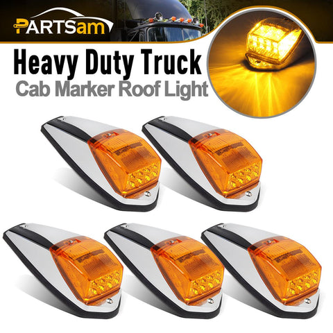 Image of Partsam 5PCS Truck Cab Marker Light 17 LED Amber Top Roof Running Lights w/Chrome Base Truck Trailer Light Replacement for Peterbilt/Kenworth/Freightliner//Mack/Autocar Hayes