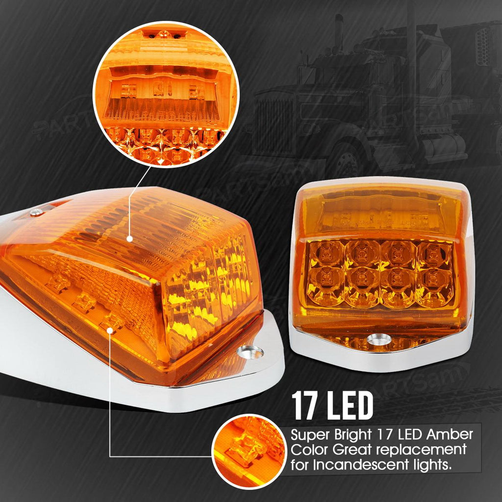 Partsam 5PCS Truck Cab Marker Light 17 LED Amber Top Roof Running Lights w/Chrome Base Truck Trailer Light Replacement for Peterbilt/Kenworth/Freightliner//Mack/Autocar Hayes