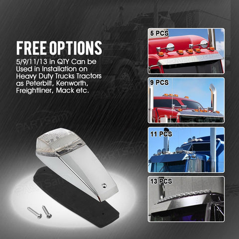Image of Partsam Truck Cab Lights 5PCS Clear/Amber Top Roof Running LED Marker Lights Waterproof 17 LED w/Chrome Base Compatible with Peterbilt/Kenworth/Freightliner//Western Star/Mack Trailer