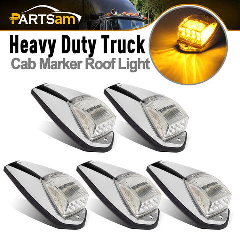 Image of Partsam Truck Cab Lights 5PCS Clear/Amber Top Roof Running LED Marker Lights Waterproof 17 LED w/Chrome Base Compatible with Peterbilt/Kenworth/Freightliner//Western Star/Mack Trailer