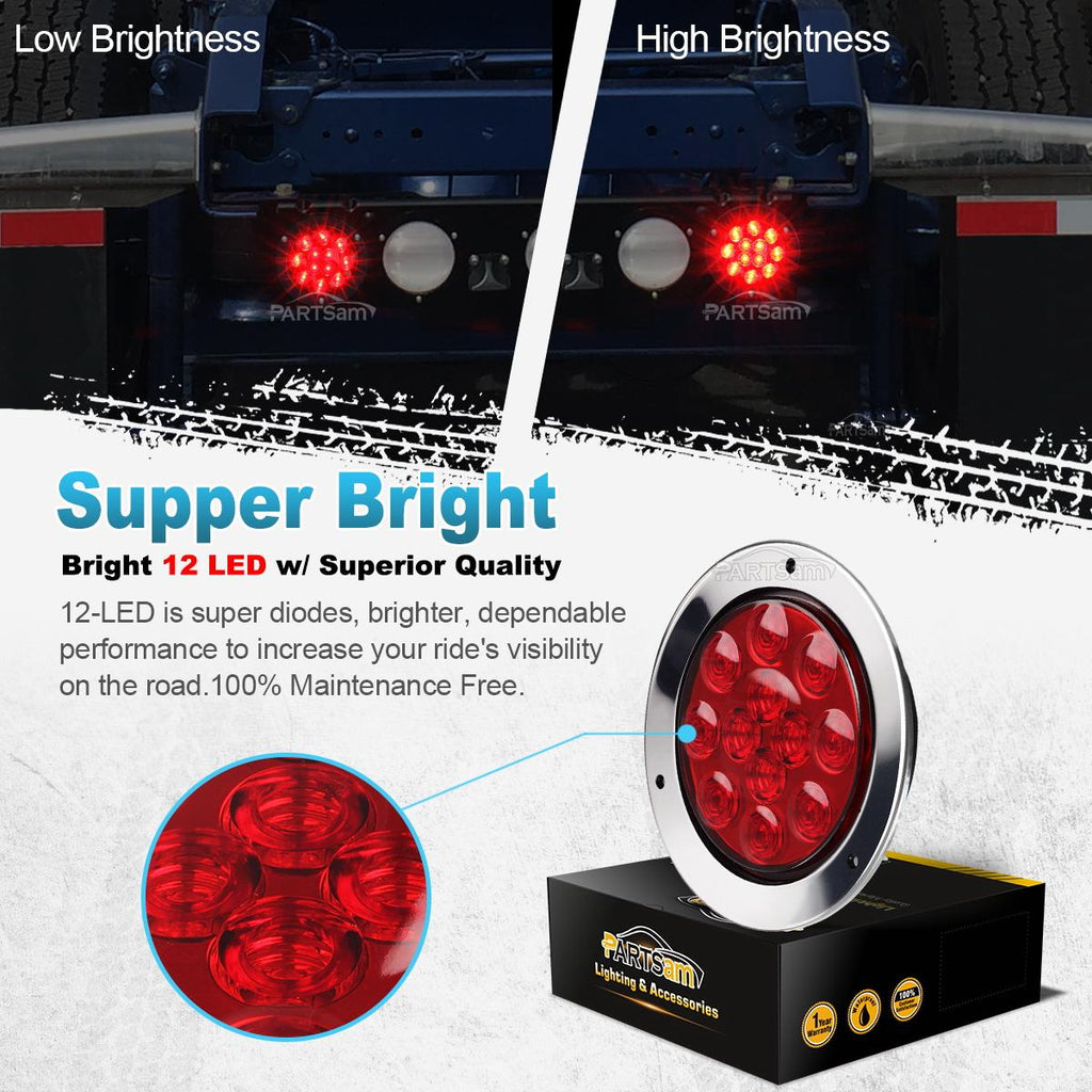 Partsam 2PCS 12 LED Red 12V 4inch Round Stop Turn Brake Tail Lights w/Chrome Bezel, 4 inch round led trailer lights, 4 inch round led trailer brake light, 4 inch round led tail lights Flange Mount