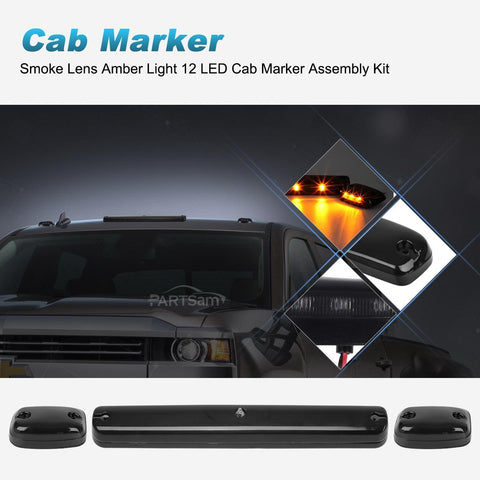 Image of Partsam 3X Smoke Cab Light Amber 12LED Cab Marker Top Roof Running Light Assembly + Wire Harness Compatible with Silverado/ Sierra 1500 2500 2500HD 3500 3500HD 2014 2500HD 3500HD 2007-2013