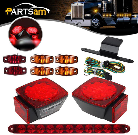 Image of Partsam Submersible Under 80inch LED Trailer Light Kit,Square Stop Turn Tail RV Truck Lights w/Wire &Bracket,Red/Amber Side Fender Marker Lamps,3rd Brake ID Light Bar for Camper Truck RV Boat Snowmobile