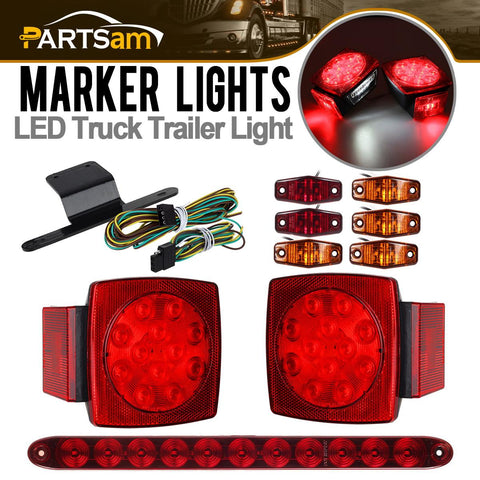 Image of Partsam Submersible Under 80inch LED Trailer Light Kit,Square Stop Turn Tail RV Truck Lights w/Wire &Bracket,Red/Amber Side Fender Marker Lamps,3rd Brake ID Light Bar for Camper Truck RV Boat Snowmobile