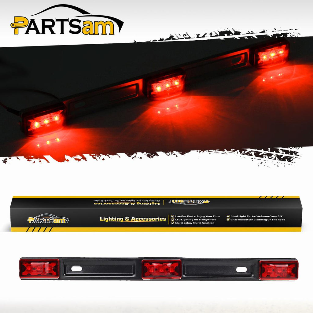 Partsam Red Clearance ID BAR Marker Light 3 Light 9 LED Trailer Sealed Stainless Steel, Sealed 3-Light Truck and Trailer Identification LED Light Bar Red Led Strip w/Black Base