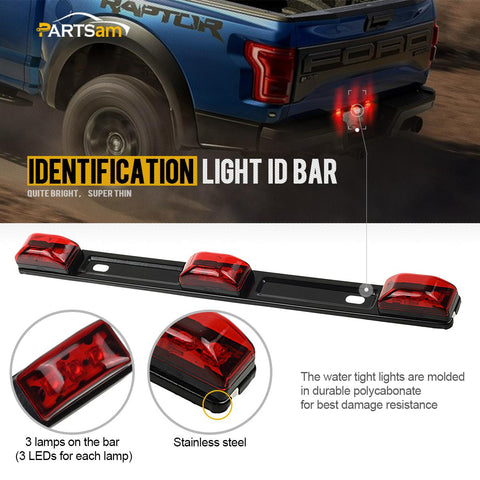Image of Partsam Red Clearance ID BAR Marker Light 3 Light 9 LED Trailer Sealed Stainless Steel, Sealed 3-Light Truck and Trailer Identification LED Light Bar Red Led Strip w/Black Base