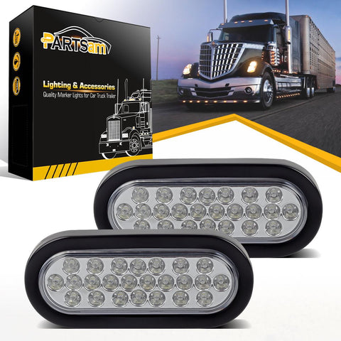 Image of Partsam 2x Oval Clear Lens White Stop Turn Tail Backup Reverse Fog Lights Lamps Rubber Flush Mount 6inch 24 LED for Truck Trailer Boat RV Waterproof