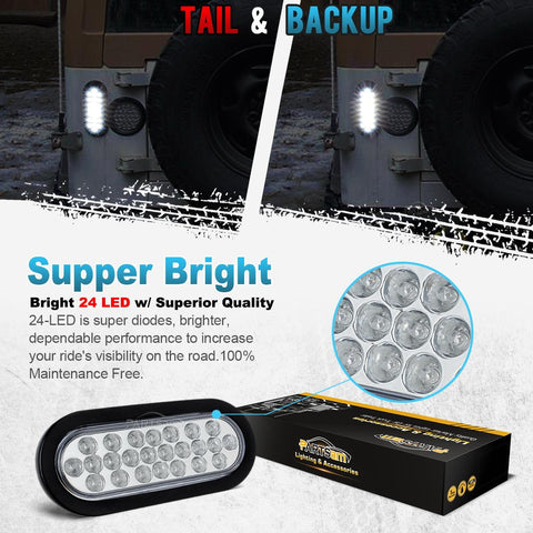 Image of Partsam 2x Oval Clear Lens White Stop Turn Tail Backup Reverse Fog Lights Lamps Rubber Flush Mount 6inch 24 LED for Truck Trailer Boat RV Waterproof