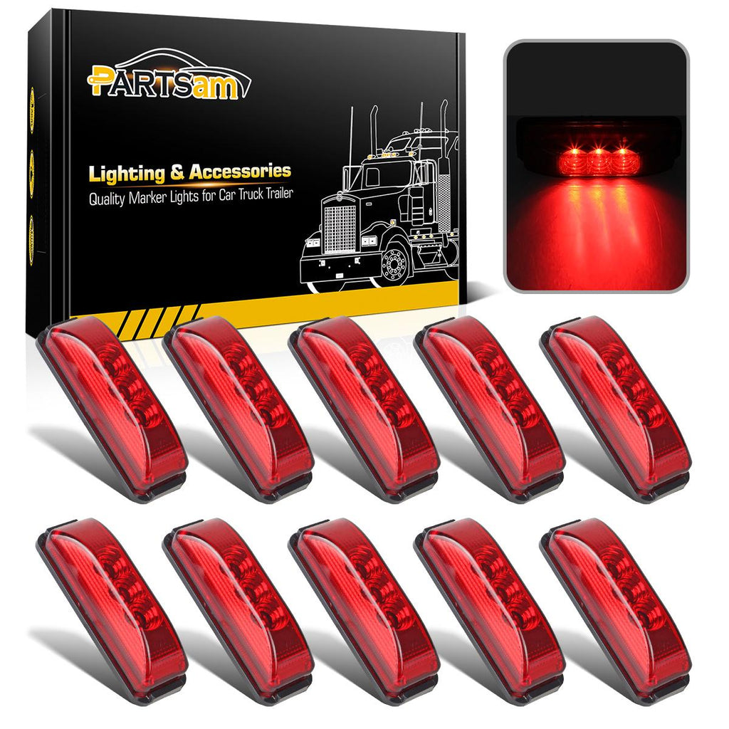 Partsam 10pcs 3.9inch Waterproof Red 3LED Side Marker Light Lamp for Trailer Truck Boat DC12V, Thin line Faceted LED Trailer Truck Clearance or Side Marker Lights w Mini Reflectors