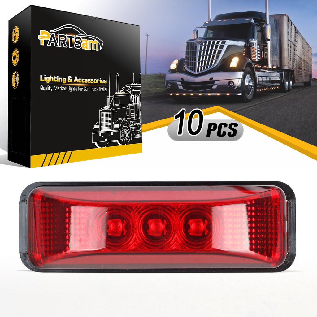 Partsam 10pcs 3.9inch Waterproof Red 3LED Side Marker Light Lamp for Trailer Truck Boat DC12V, Thin line Faceted LED Trailer Truck Clearance or Side Marker Lights w Mini Reflectors