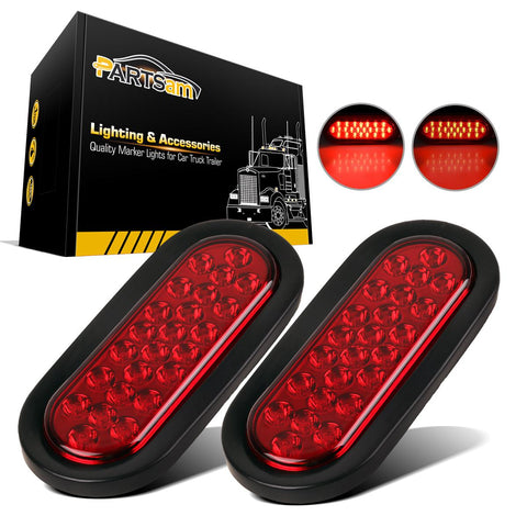 Image of Partsam 2 Pcs 6 Inch Red Oval Led Trailer Tail Lights 24 LED Grommet Mount, Oval 6inch Red Stop Turn Tail Brake Light Rubber Flush Mount Replacement for Trailer RV Trucks Bus Waterproof