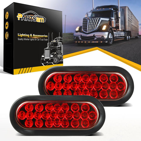 Image of Partsam 2 Pcs 6 Inch Red Oval Led Trailer Tail Lights 24 LED Grommet Mount, Oval 6inch Red Stop Turn Tail Brake Light Rubber Flush Mount Replacement for Trailer RV Trucks Bus Waterproof
