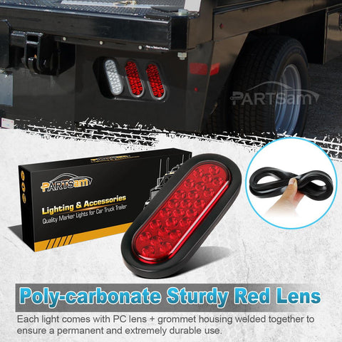 Image of Partsam 2 Pcs 6 Inch Red Oval Led Trailer Tail Lights 24 LED Grommet Mount, Oval 6inch Red Stop Turn Tail Brake Light Rubber Flush Mount Replacement for Trailer RV Trucks Bus Waterproof