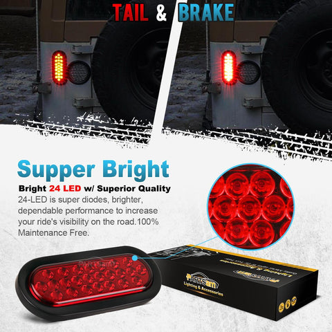 Image of Partsam 2 Pcs 6 Inch Red Oval Led Trailer Tail Lights 24 LED Grommet Mount, Oval 6inch Red Stop Turn Tail Brake Light Rubber Flush Mount Replacement for Trailer RV Trucks Bus Waterproof