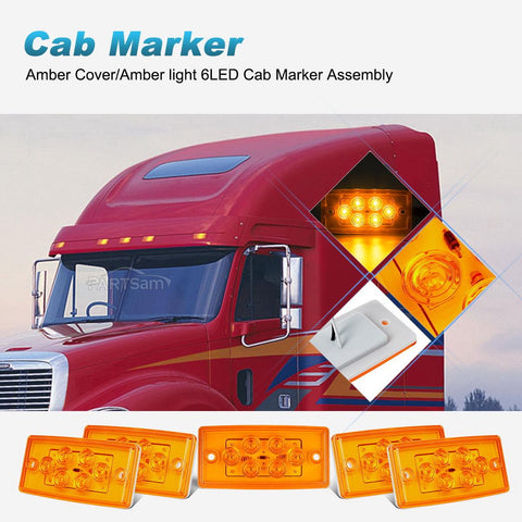 Image of Partsam Truck Cab Light 6LED Amber Top Roof Running Cab Marker Light 5pcs Waterproof Compatible with /Freightliner Heavy Duty Trailer Trucks