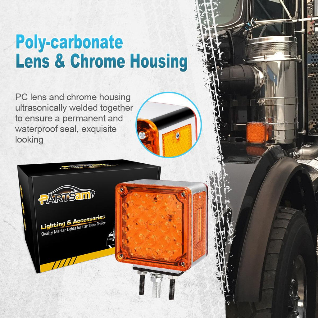 Partsam 2Pcs Square Dual Double Face Fender Stop Turn Signal Tail 52 LED Amber/Red, Truck Trailer Double Face Led Pedestal Lights Waterproof, Dual-face lights with Three Studs Waterproof