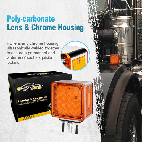 Image of Partsam 2Pcs Square Dual Double Face Fender Stop Turn Signal Tail 52 LED Amber/Red, Truck Trailer Double Face Led Pedestal Lights Waterproof, Dual-face lights with Three Studs Waterproof